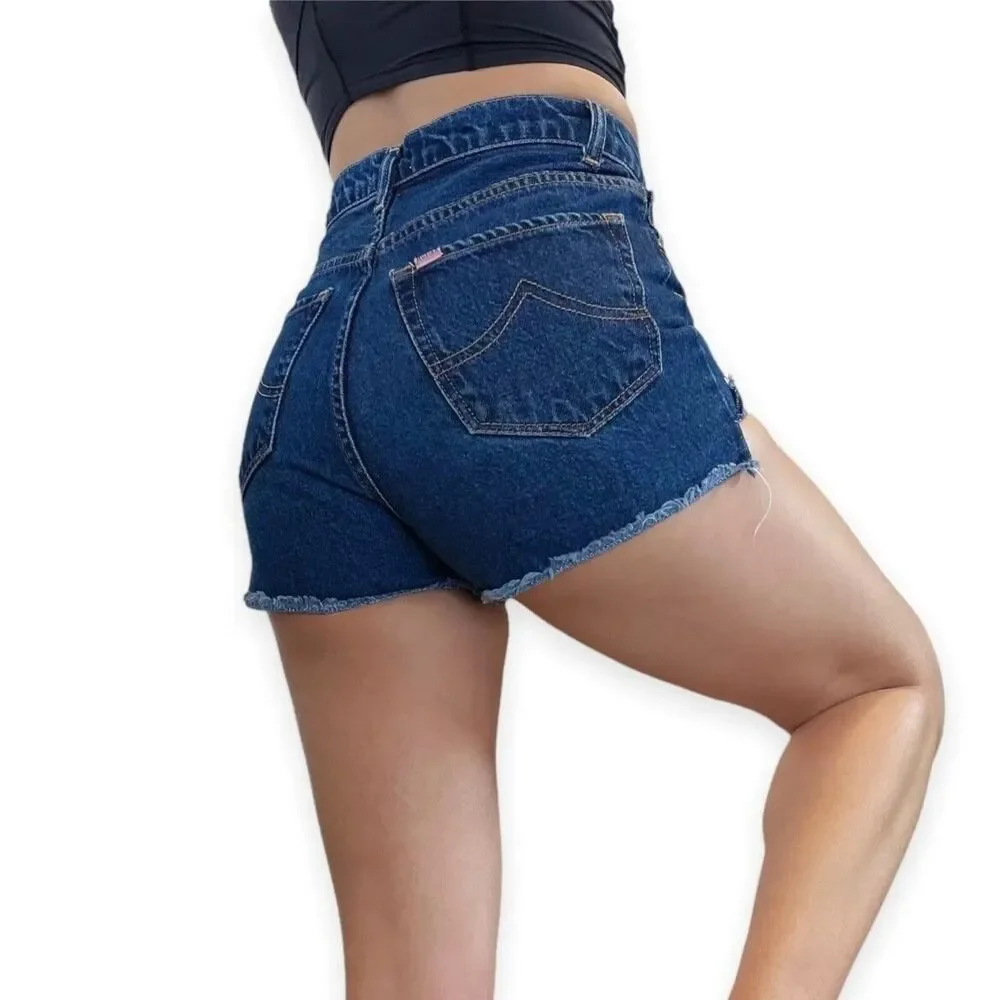 MUSIER Paris Jeans Shorts Womens 2 Blue High Rise Button fly Raw Hem Janet Denim